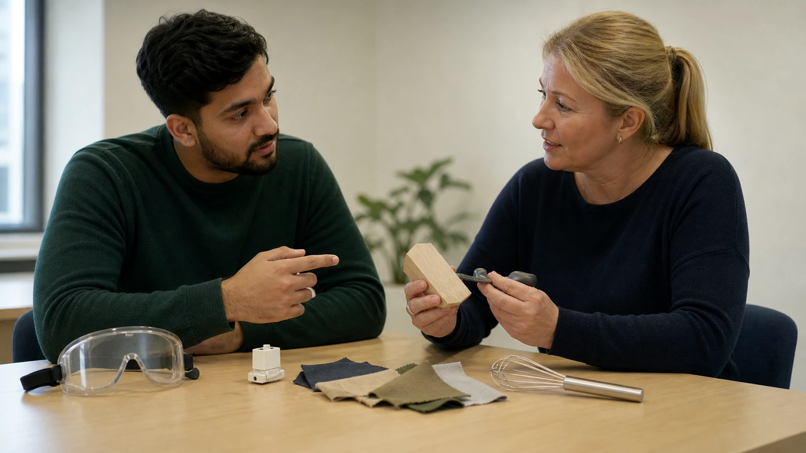 An adult learner discusses training goals with a guidance adviser using plain learning objects