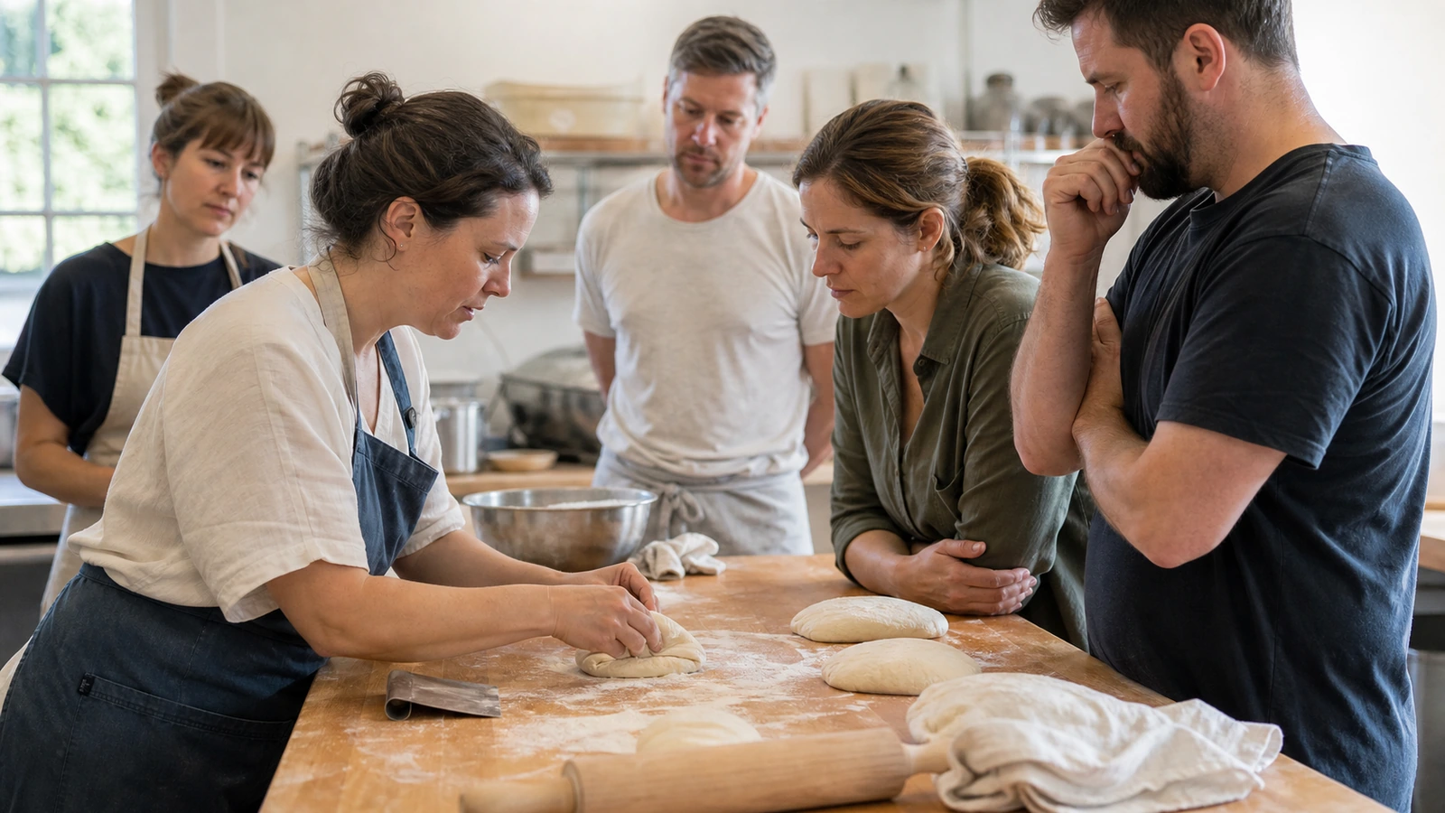 A prospective learner observes hands-on bread-making instruction before choosing a course