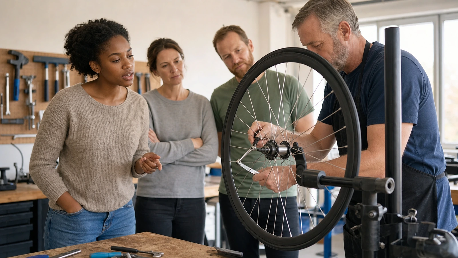 An adult learner observes a supervised bicycle-maintenance trial session before choosing a course