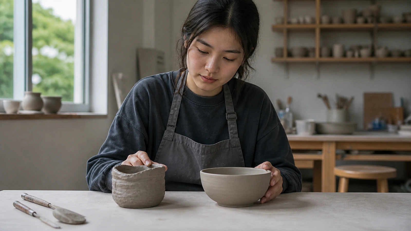 A ceramic learner compares finished pieces with work still in progress