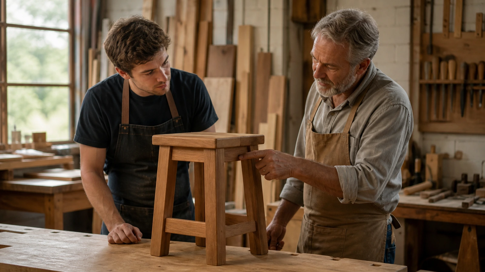 A woodworker presents a completed stool to a mentor for feedback