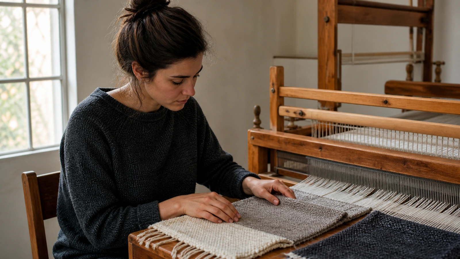 A textile learner compares woven samples to reflect on skill development