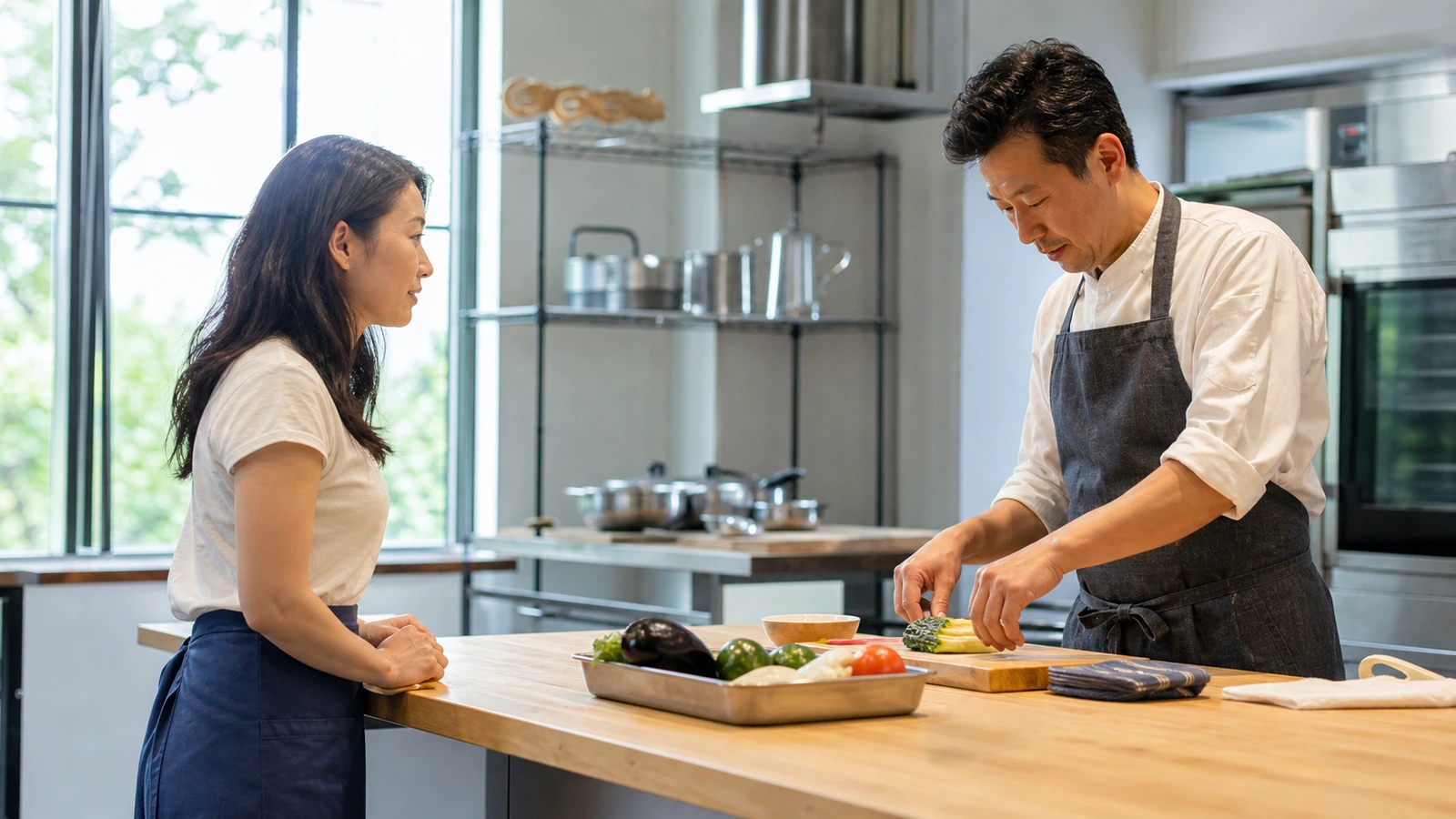 A prospective learner observes practical instruction in a training kitchen