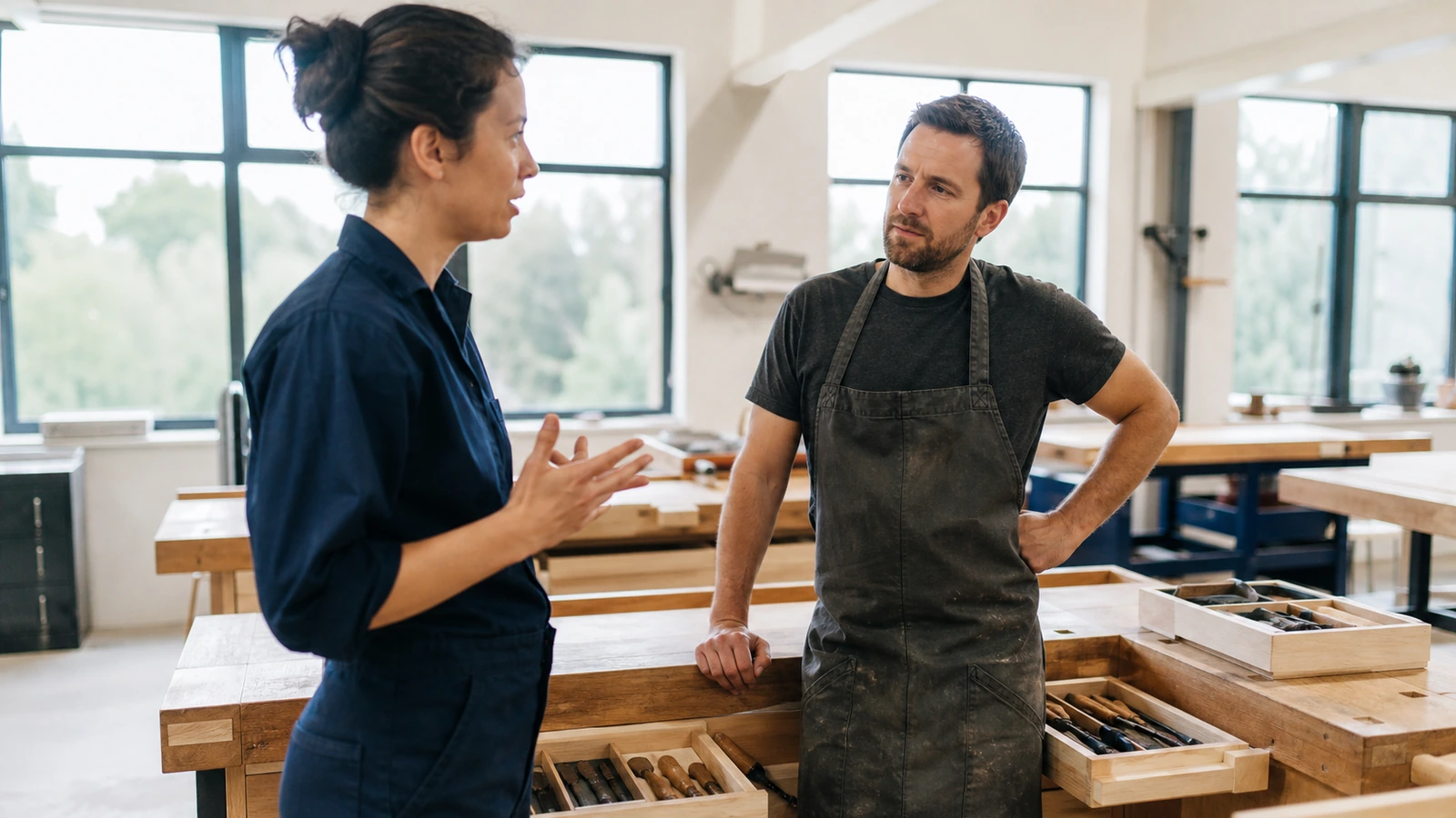 A prospective learner asks an instructor specific questions after a practical class