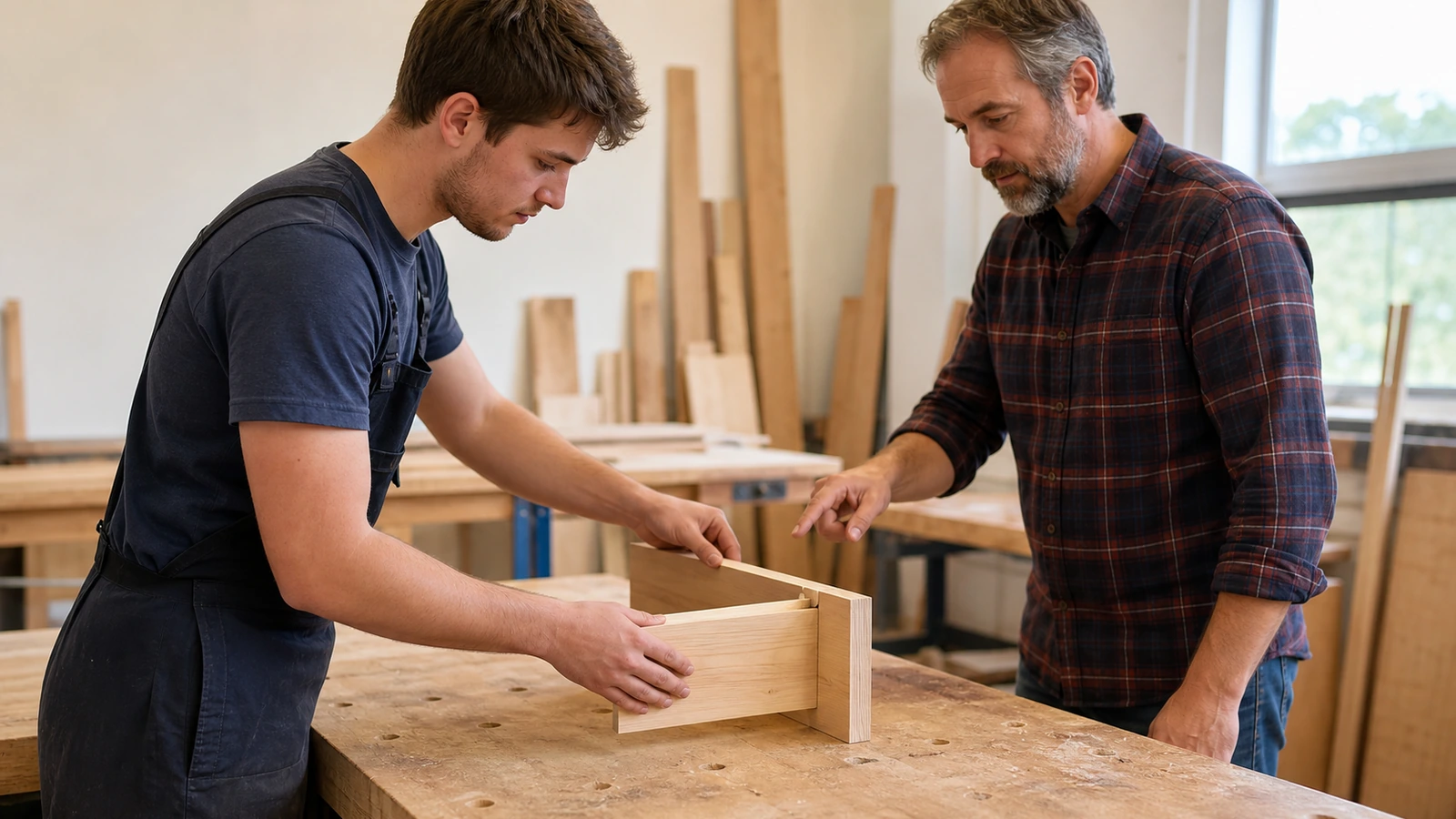 An adult trainee learns a wooden joint under close instructor guidance