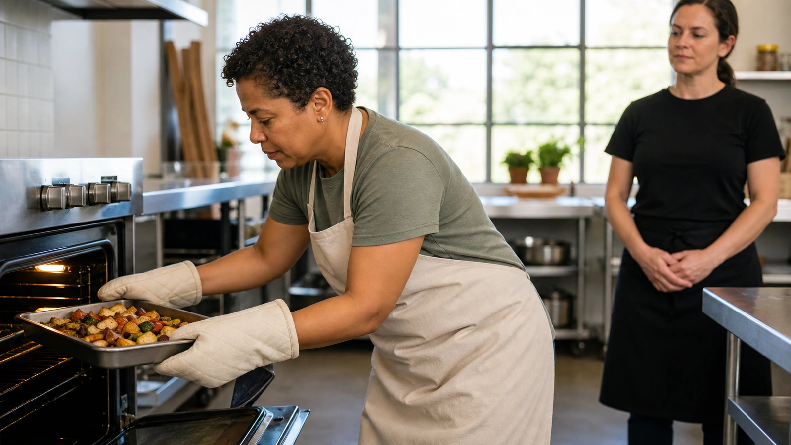 An instructor demonstrates safe hand-plane technique while an adult learner observes