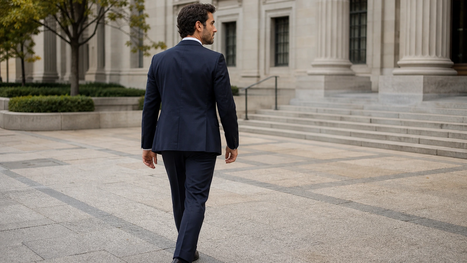 A job candidate walks calmly along a quiet tree-lined path after an interview