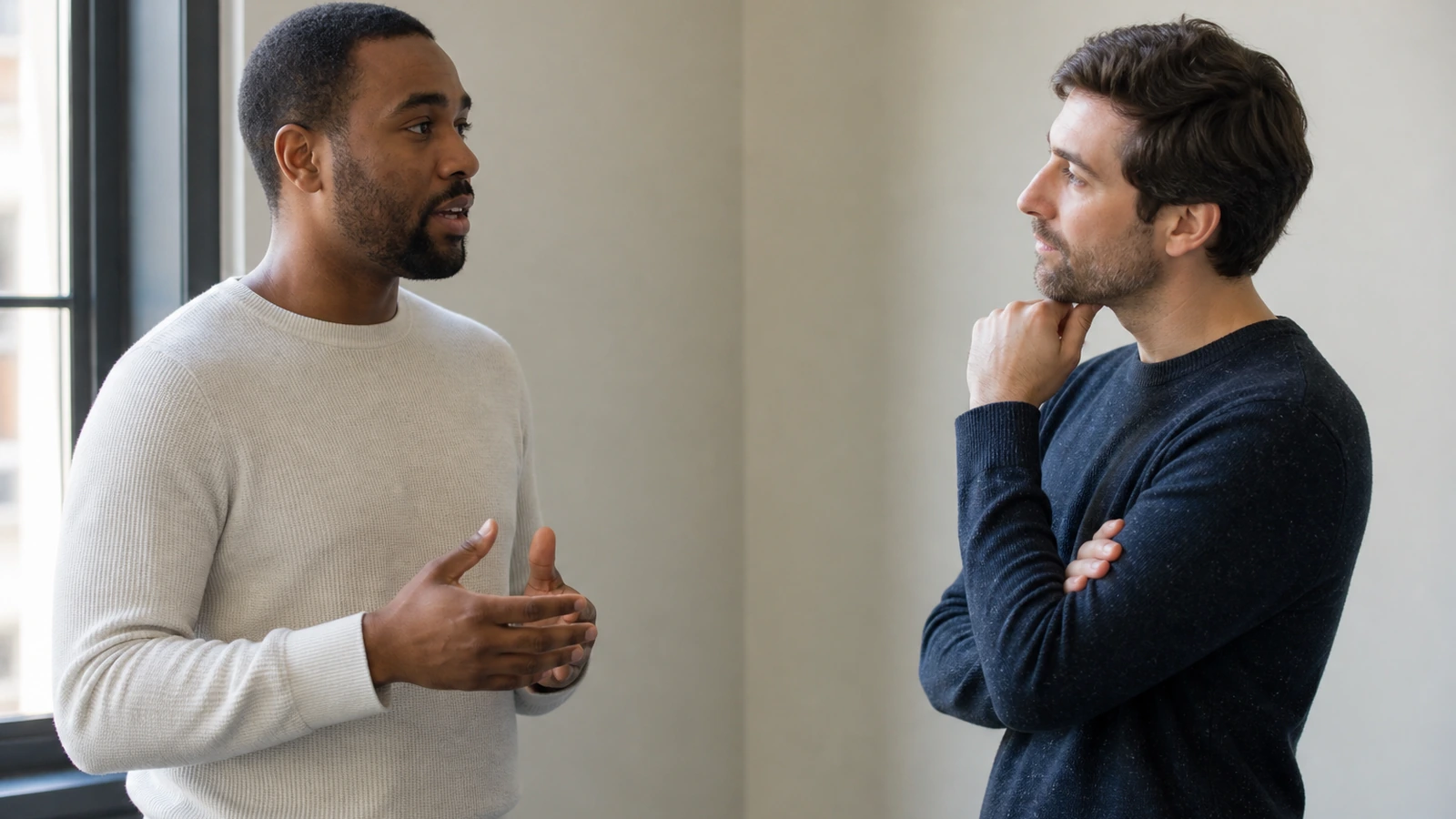 A job seeker discusses transferable skills with a careers adviser beside a wooden assembly