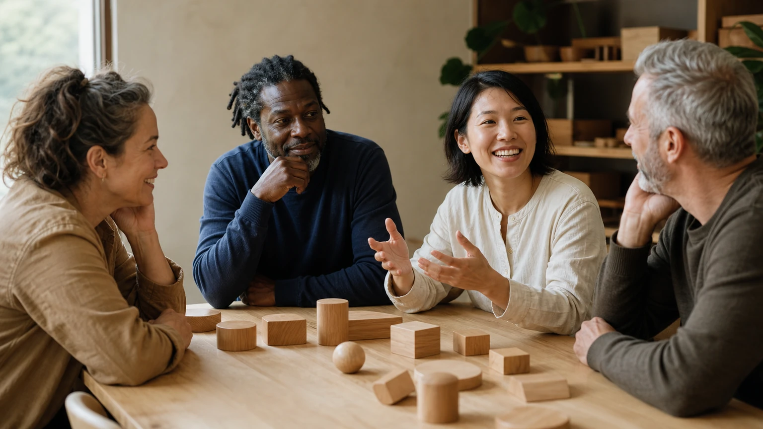 Adult learners exchange practical experiences around a table in a community learning room