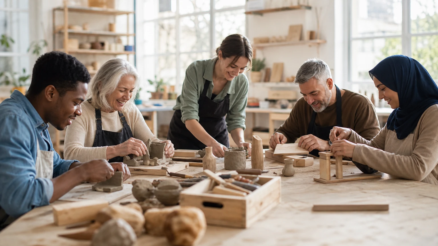 Adult learners practise tactile skills together in a bright community workshop
